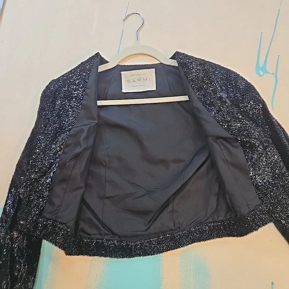 VTG Sarmi Women's Cropped Jacket Size S Metallic Black Puff Sleeve Boxy NY 1960s
